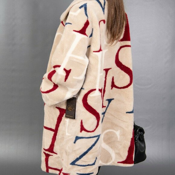 New Unbranded Cocoon Wool Teddy Bear Coat Beige Belted Alphabet Print No Alpaca - Picture 7 of 13